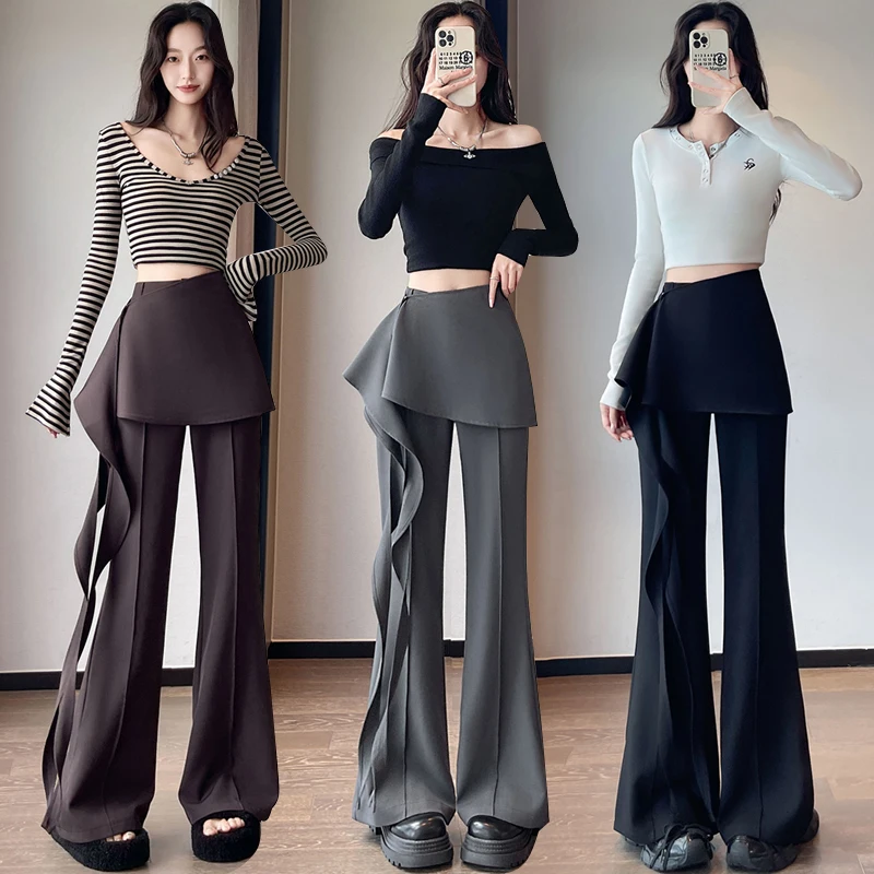 高品質フリルエプロンフレアパンツ レディース 秋 ハイウエストスーツパンツ 女性デザイン ストリートウェア ロングパンツ Y2k 2025