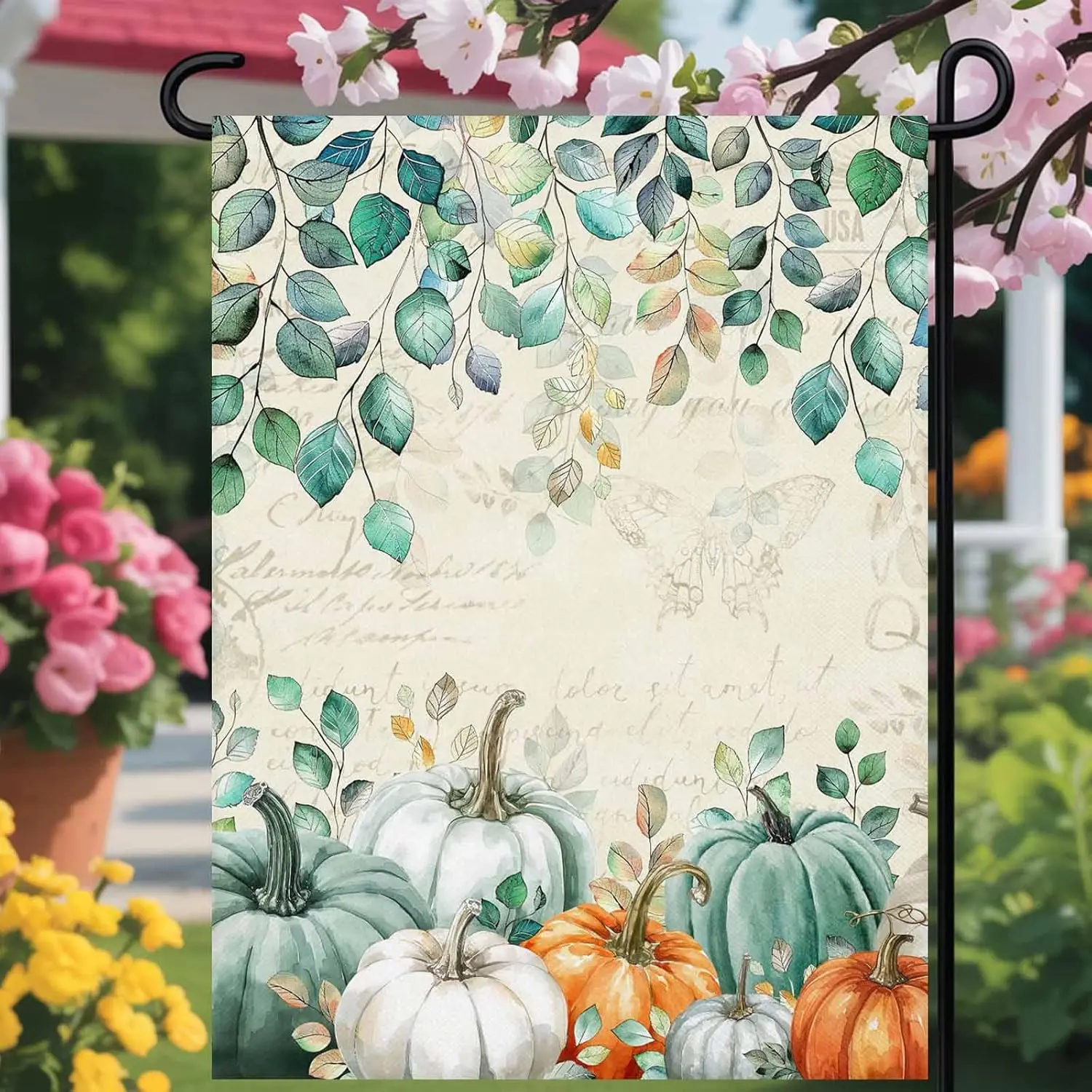 Thanksgiving Garden Flags 12x18 Inch Double Sided House Banner Green Eucalyptus Leaves Orange Pumpkin Flag Banners for Yard  yyi