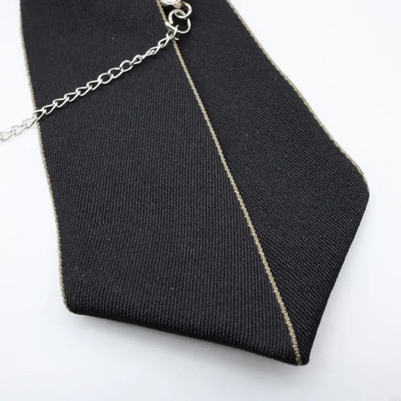 Gothic Black Necktie Rhinestones Pendant Metal Chain Evening Party Pre Tied Tie 6XDA