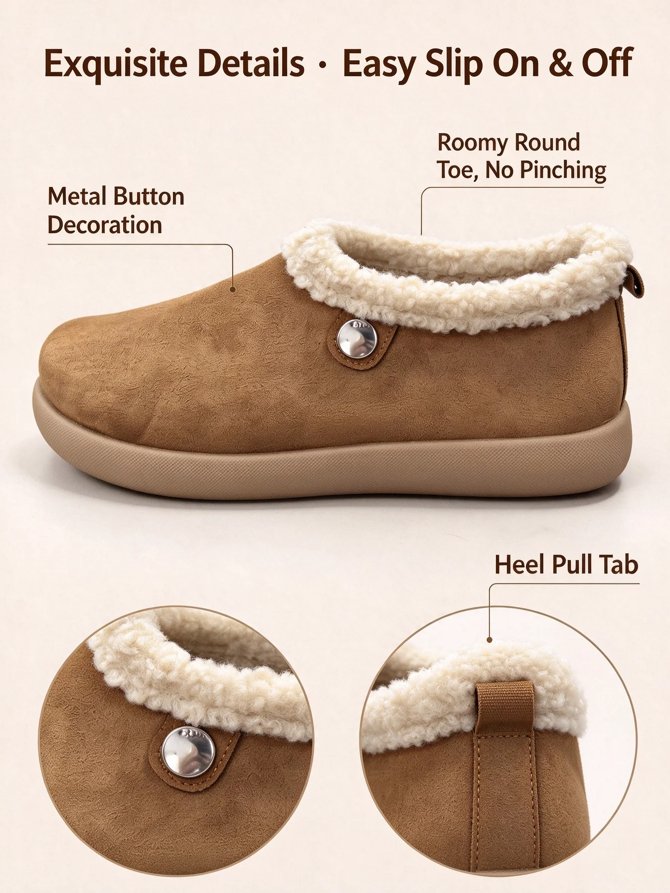 Damen-Winterstiefeletten, aus Kunstlederimitat, mit Teddy-Fleece-Futter, zum Hineinschlüpfen, warm, mit runder Spitze, rutschfester, dicker Sohle, im Retro-Stil, Baumwollstiefeletten. – Detail 2