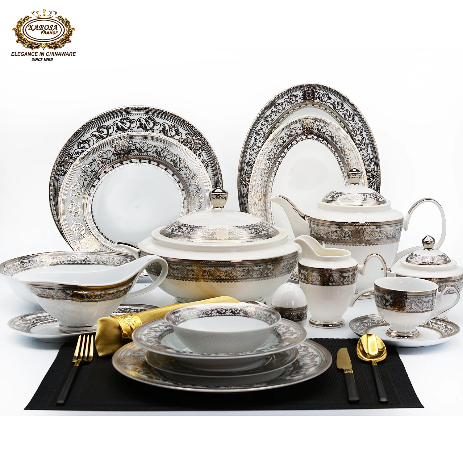 Wholesales custom hotel weeding luxury 98 pieces silver design  European style fine bone china ceramic dinnerware sets