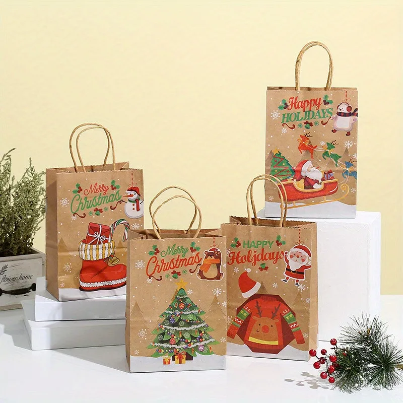 8–48 Stück Weihnachtsserie Kraftpapier-Geschenktüten, Verpackung von Party-Süßigkeitsgeschenken, bedruckte Tragetaschen mit Cartoon-Elch-Schneemann-Weihnachtsbaum – Detail 12