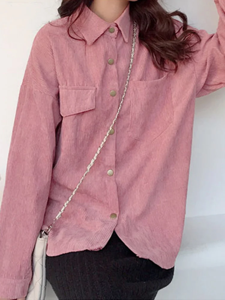 Corduroy Women Shirt Jacket Warm Denim Jeans Loose Korean Female Tops Vintage Casual Long Sleeve Blouses 2022 Spring Outwear