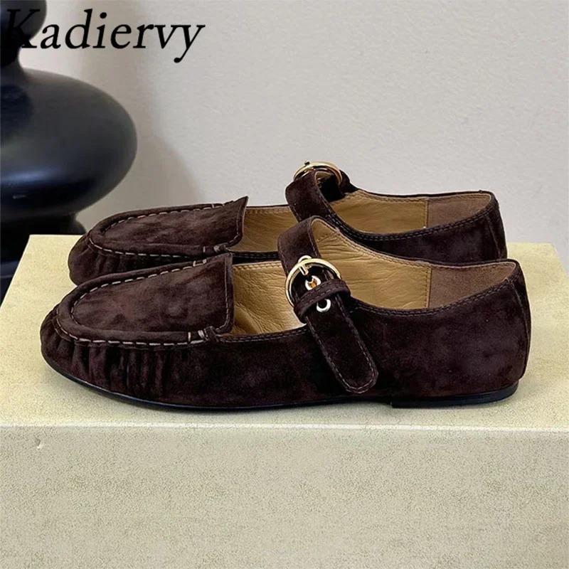 

2026 New Suede Leather Flat Shoes For Women Round Toe Belt Buckle Casual Shoes Woman Daily Office Commuting Women's Shoes