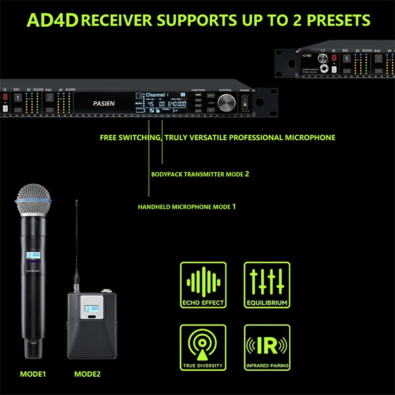 PASIEN AD4D 2-Channel UHF True Diversity Cardioid Metal Handheld Microphone Wireless System Stage Show b58a ksm9 Professional