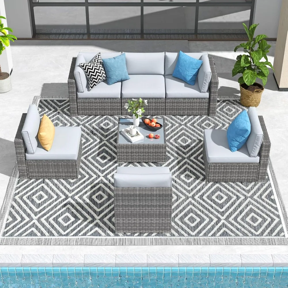 

7 Pieces Outdoor Patio Furniture Set, All Weather Grey PE Wicker Rattan Sectional Conversation Set