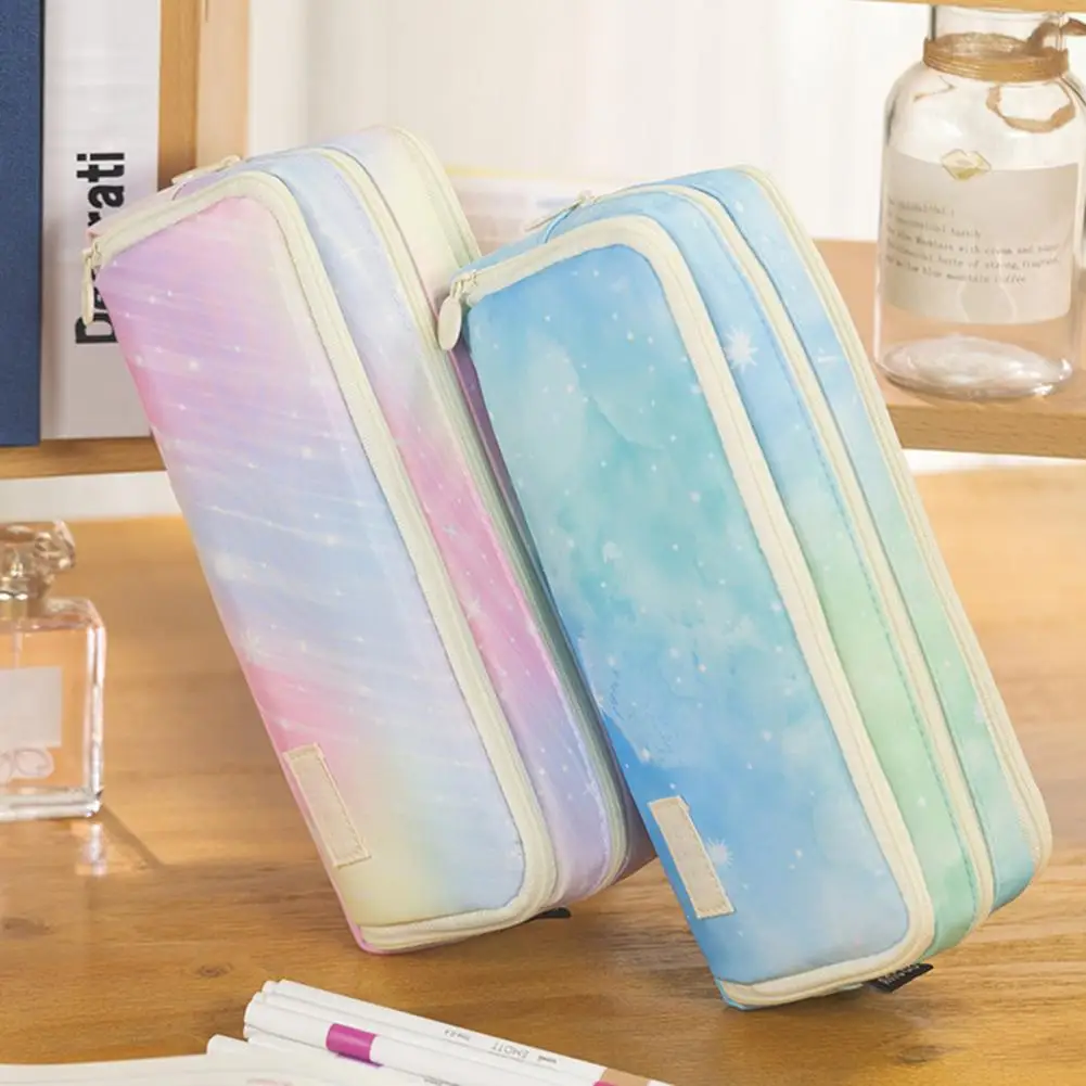 Kantong Gadget spidol tiga lapis gradien, tas pena warna gradien, kapasitas ritsleting portabel untuk anak perempuan, perlengkapan sekolah Ideal, kantong Gadget penanda