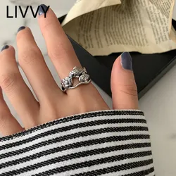 Silver Color Individuality Creative Design Crown Fish Lotus Adjustable Ring Female Retro Irregular Fashion Exquisite Jewelry