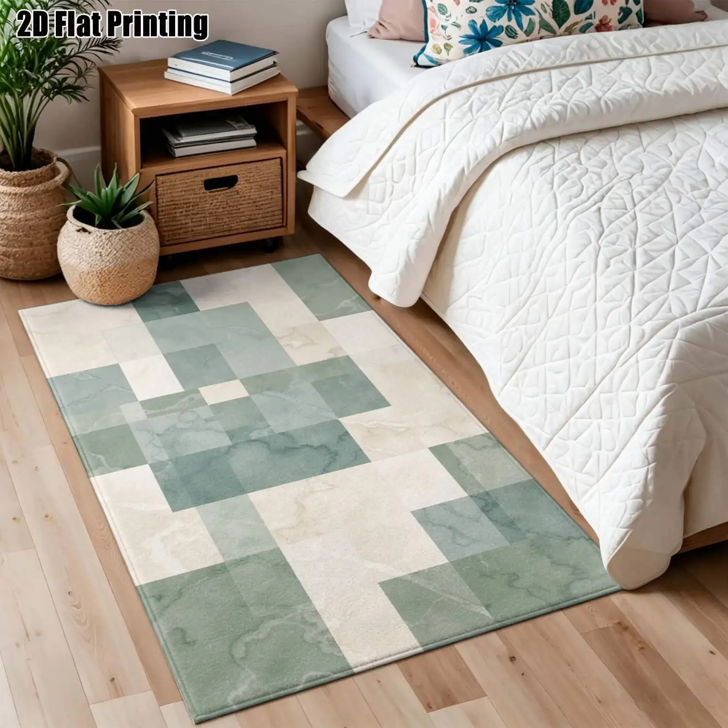 1Pc 2D Printed Morandi-Green Geometric Nordic Carpet, Machine Washable, Multi-Size, for Home Decor