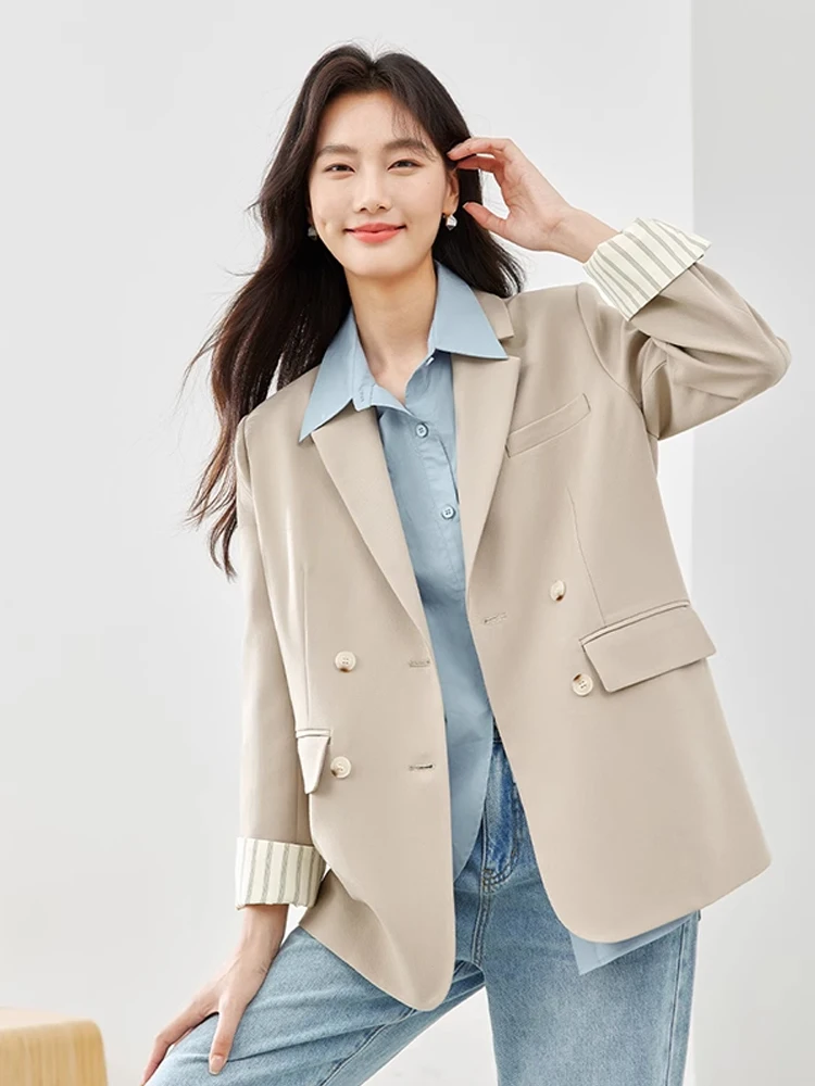 Vimly Khaki Elegant Women Blazer 2024 Spring New Notched Double Breasted Jacket for Woman Casual Simple Tailored Coat M5800