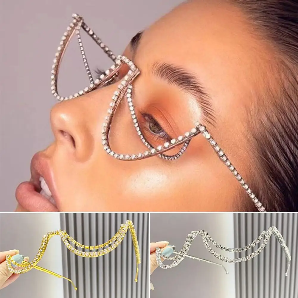 Crystal Moon-shaped Glasses Frame Double-Layer Lensless Decorative Metal Eyelasses Frame Gold Silver Street Style Shades