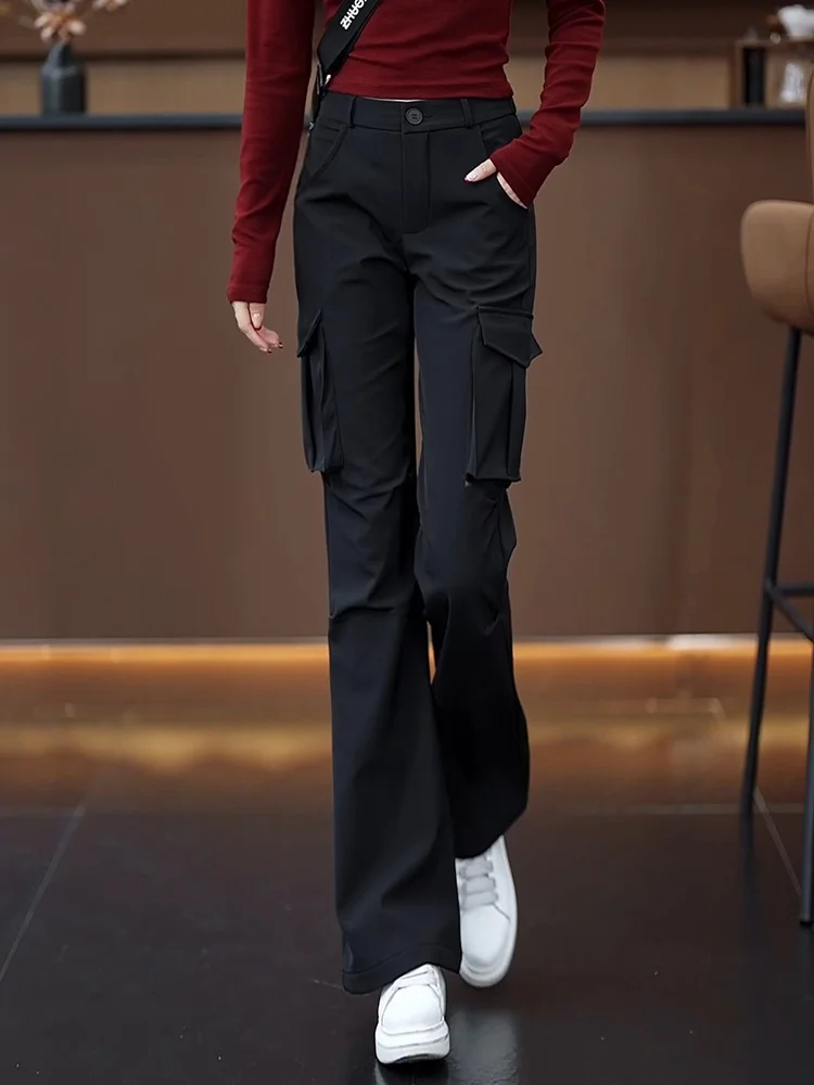 

Black Flared Workwear Pants Women's Spring Autumn Winter American Casual Straight Leg Fleece Lined Trousers High Waist Flared...