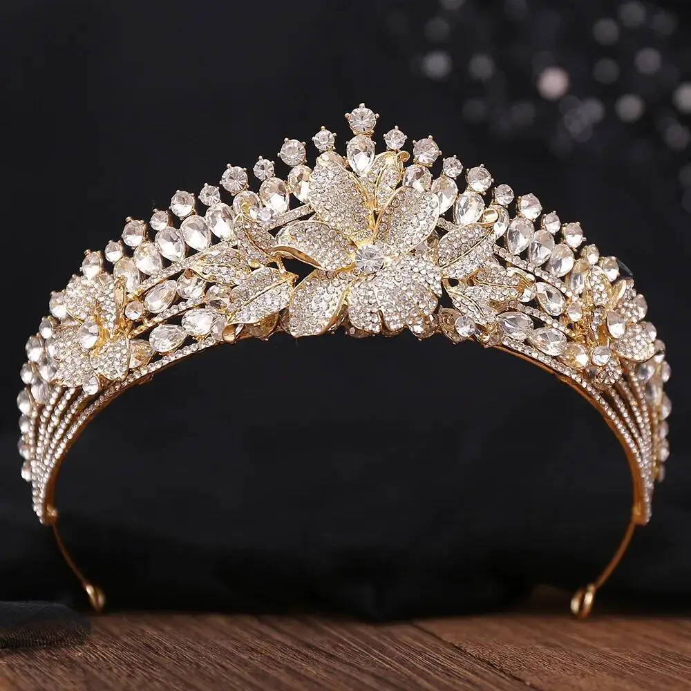 Bridal Flower Leaf Crystal Rhinestone Big Tiara Gold Crowns For Wedding Women Girls Party Crown Hair Dress Jewelry Accessories