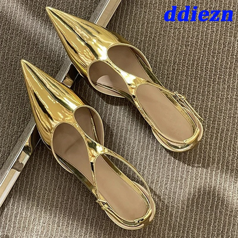 Golden New In T-Strap Women Sandals Shoes 2023 Designer Footwear Female Fashion Pointed Toe Shallow Flats Sandals Ladies Shoes