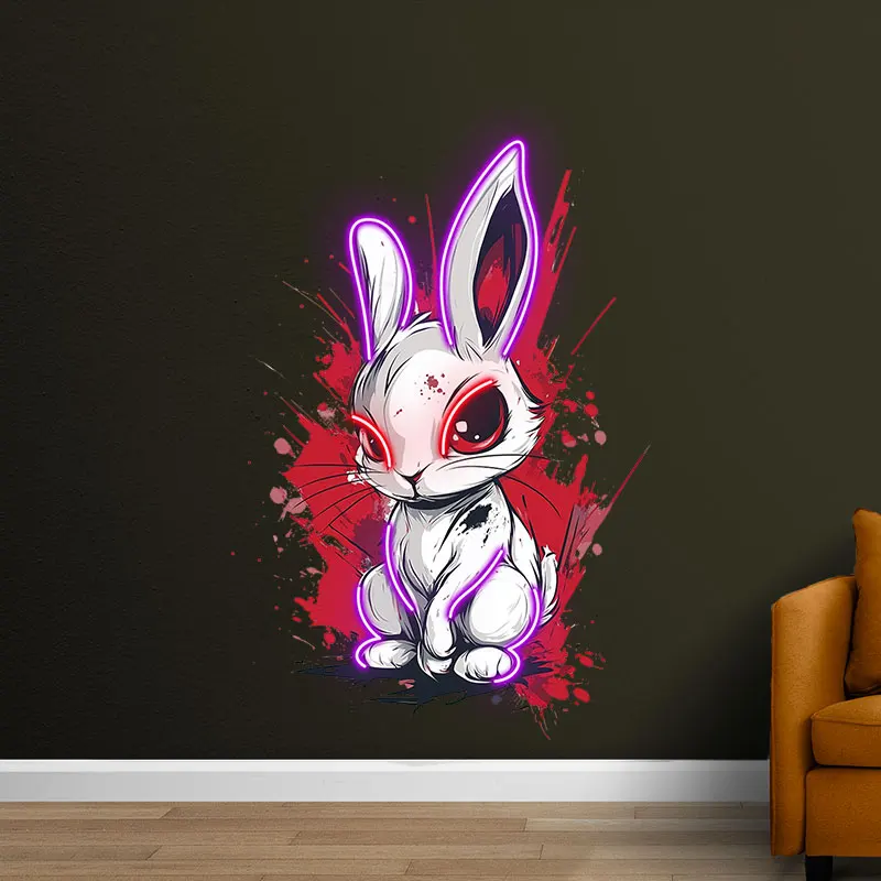 Toysign Edgy Neon Bunny Wall Art – Graffiti-Style LED Sign with Intense Eyes, Urban Cartoon Decor for Game Room, Bar & Studio