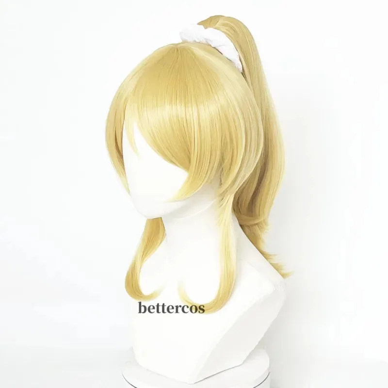 أنيمي لوف لايف! الحب لايف إيلي شعر مستعار تأثيري المرأة الباروكات الذهبية مع ذيل حصان إيلي Ayase الباروكات مقاومة للحرارة الاصطناعية خصلات الشعر المستعار #5