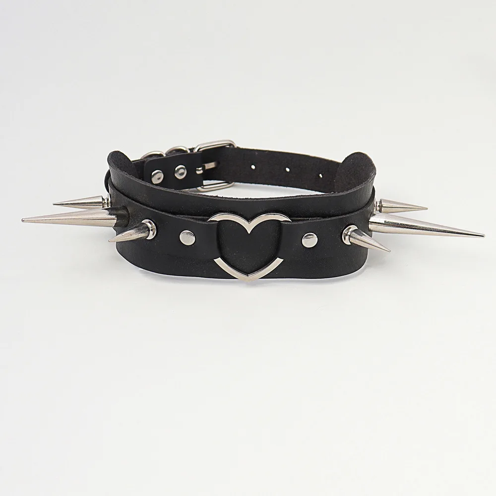 Dark Harajuku Punk Individuality Hip hop Black Spike Overlength rivet Love Choker PU Leather Pendant