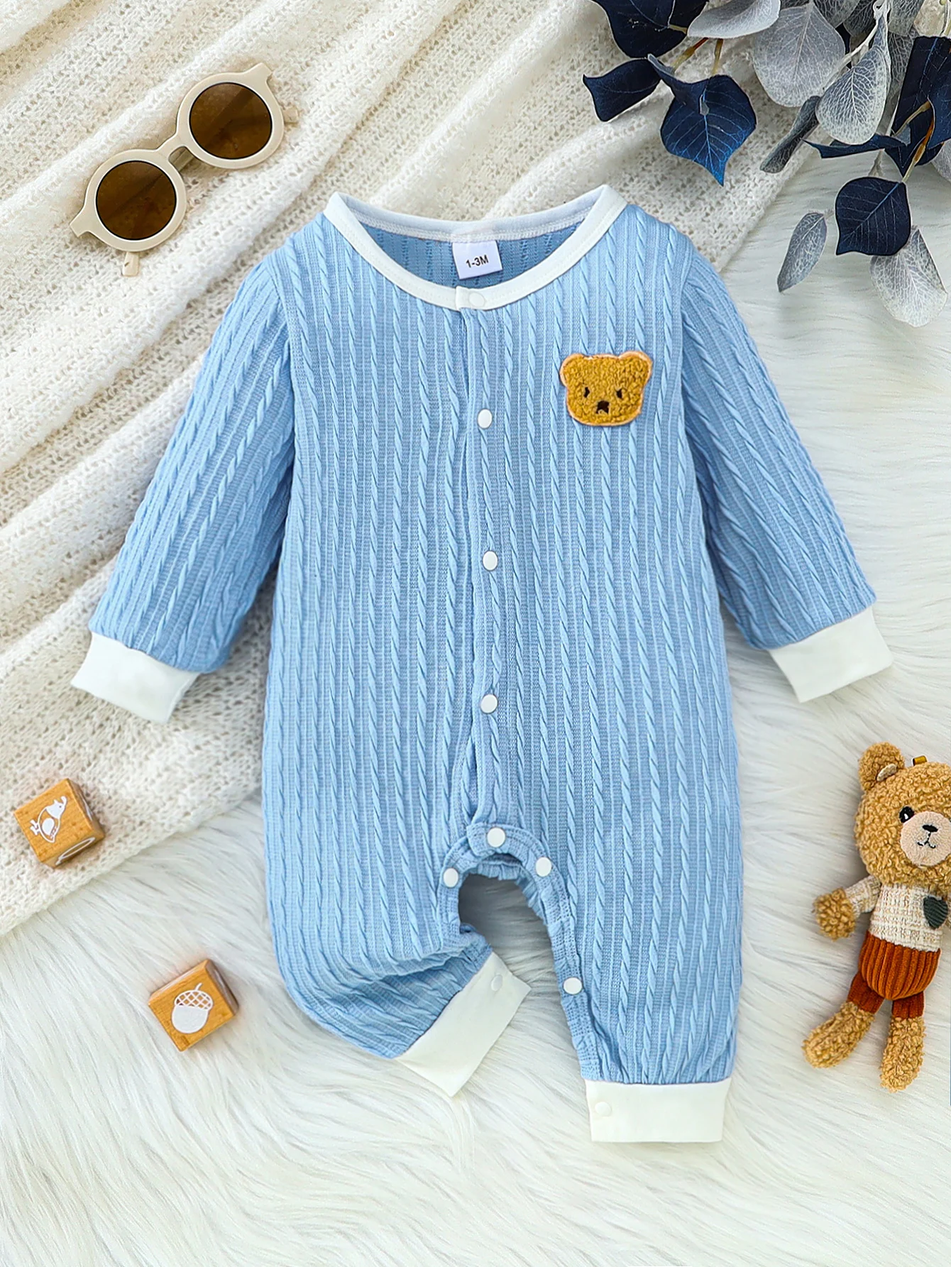 1M-18M Newborn Baby Romper Cable Knit Long Sleeve Jumpsuit Cute Bear Patch Front Button Infant Casual Onesie Outfit