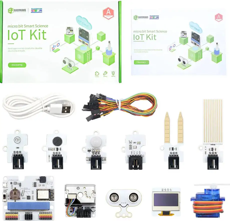 

ELECFREAKS micro:bit Smart Science IOT Kit включает в себя ряд датчиков и модулей