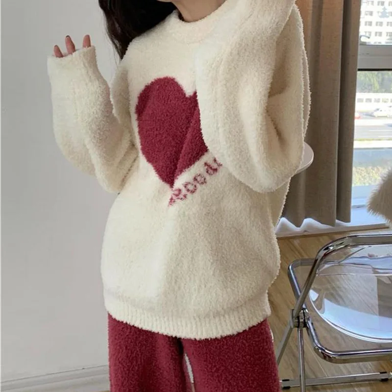 Kuzuwata Japanese Casual Home Wear Underwear O Neck Heart Print Long Sleeve Top Sleepwear High Waist Wide Leg Pant Pajama Sets