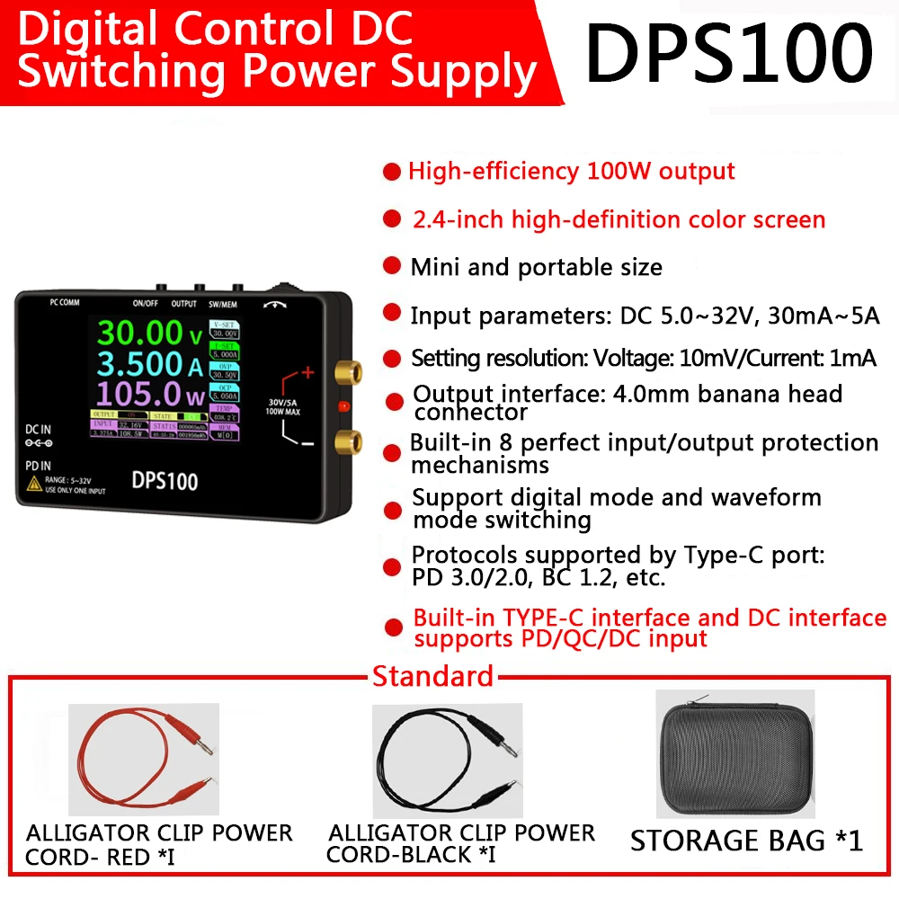 DPS100 2.4 inch Color Screen Laboratory DC Power Supply 30V 5A 100W Adjustable Voltage Regulator Bench Switching QC PD3.0/2.0