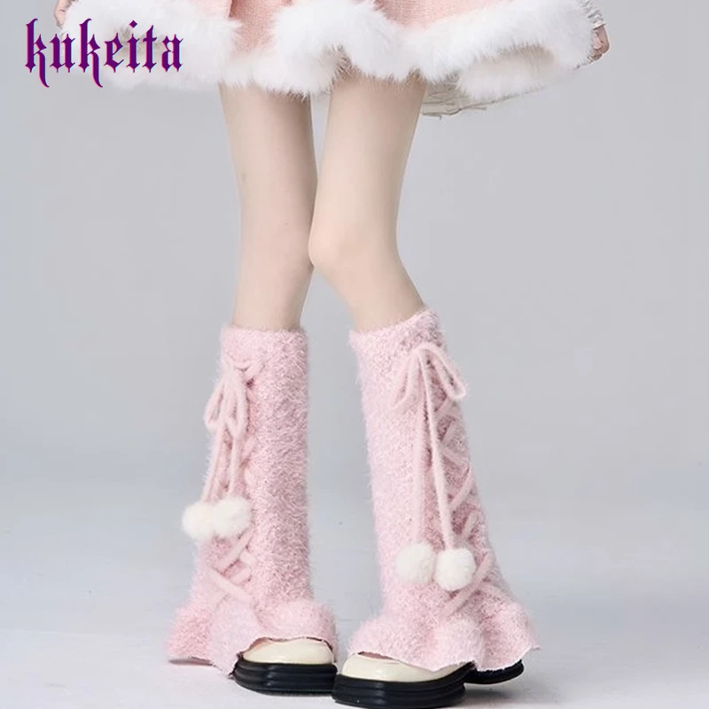 Kukeita Harajuku Kawaii Fuzzy Leg Warmers Women Y2K Lolita Lace-up Pom Pom Ruffle Flared Knit Boot Covers Sweet Warm Leg Socks