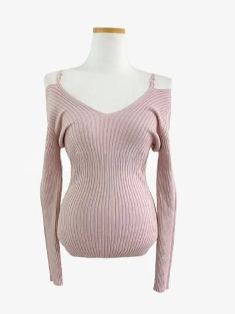 Jersey de punto con cuello en V y hombros descubiertos para mujer, Jersey calado en la espalda para otoño e invierno, jerséis de manga larga lisos y versátiles