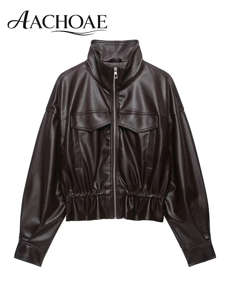 AACHOAE Women Faux Leather Jacket Drawstring Waist Zip Up Flap Pocket Loose Long Sleeve Short Coat Casual Autumn Outerwear