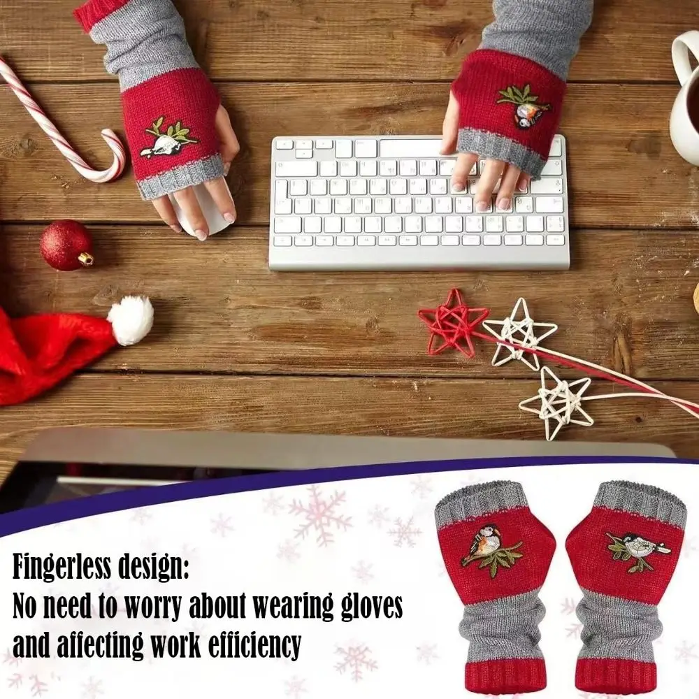 Fashion Embroidered Bird Knit Mittens Warm Soft Half Gloves Fingerless Gloves Autumn Winter