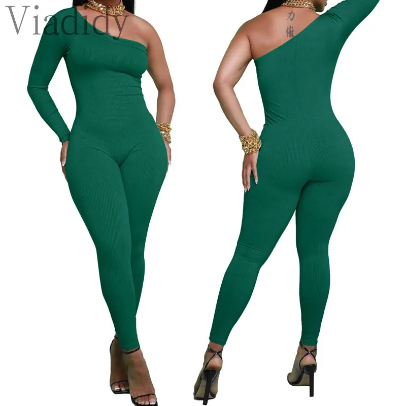 

One Shoulder Long Sleeve Solid Color Skinny Knitted Jumpsuit