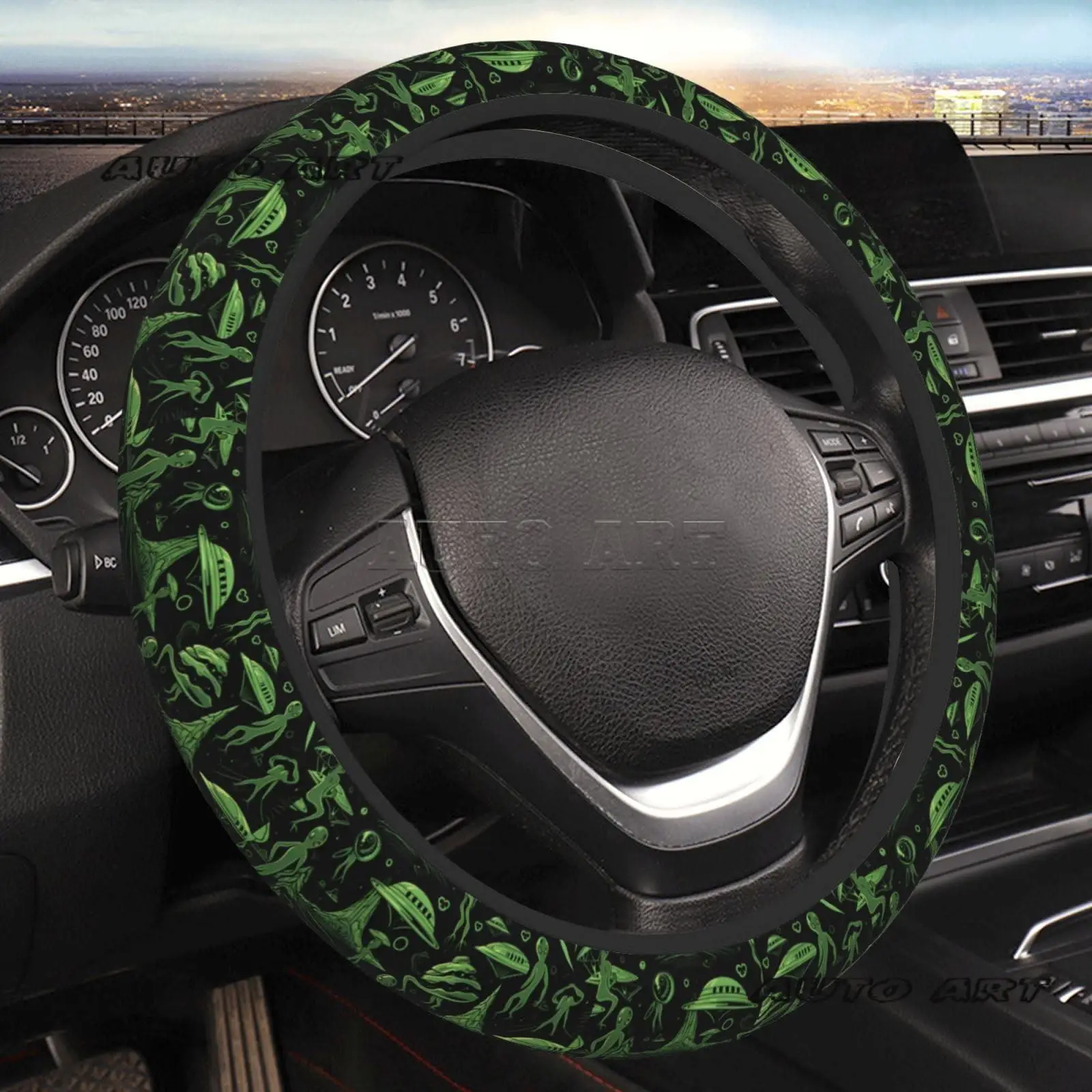 Green Alien UFO Moon Universal Steering Wheel Covers Cute Car Accessories for Women Girls Car Truck