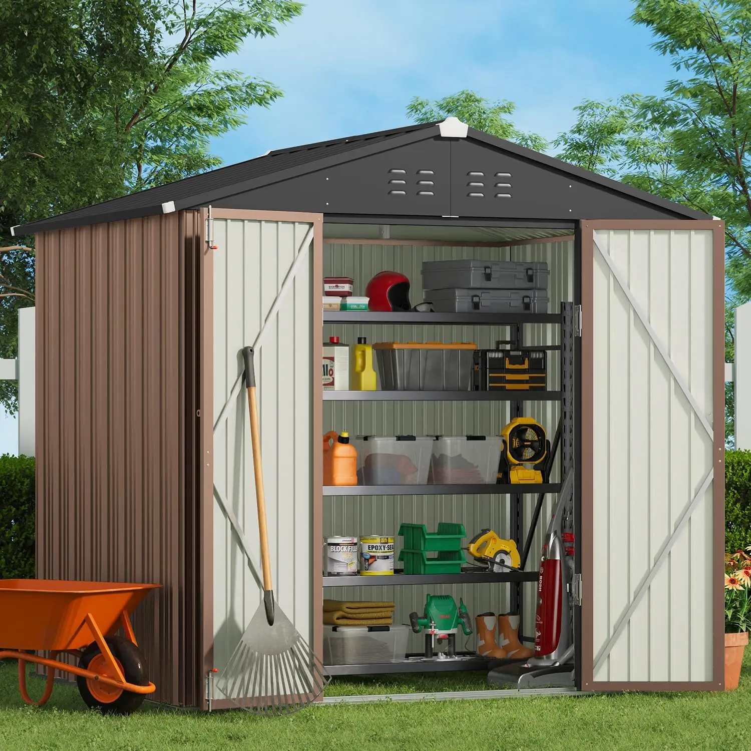 

Outdoor Storage Shed 8 x 6 FT, Galvanized Metal Garden Shed with Double Lockable Doors, Outdoor Storage Clearance for Backyard