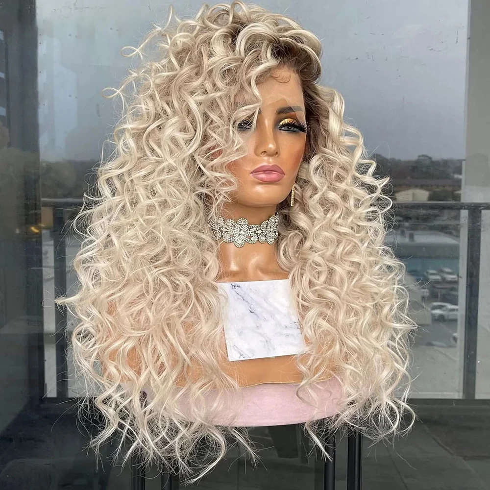 MXWIGS Highlights Curly  Blonde Ombre Synthetic Hair Lace Front Wigs with Middle Part Hairline Long Wave Wigs Daily  Wigs