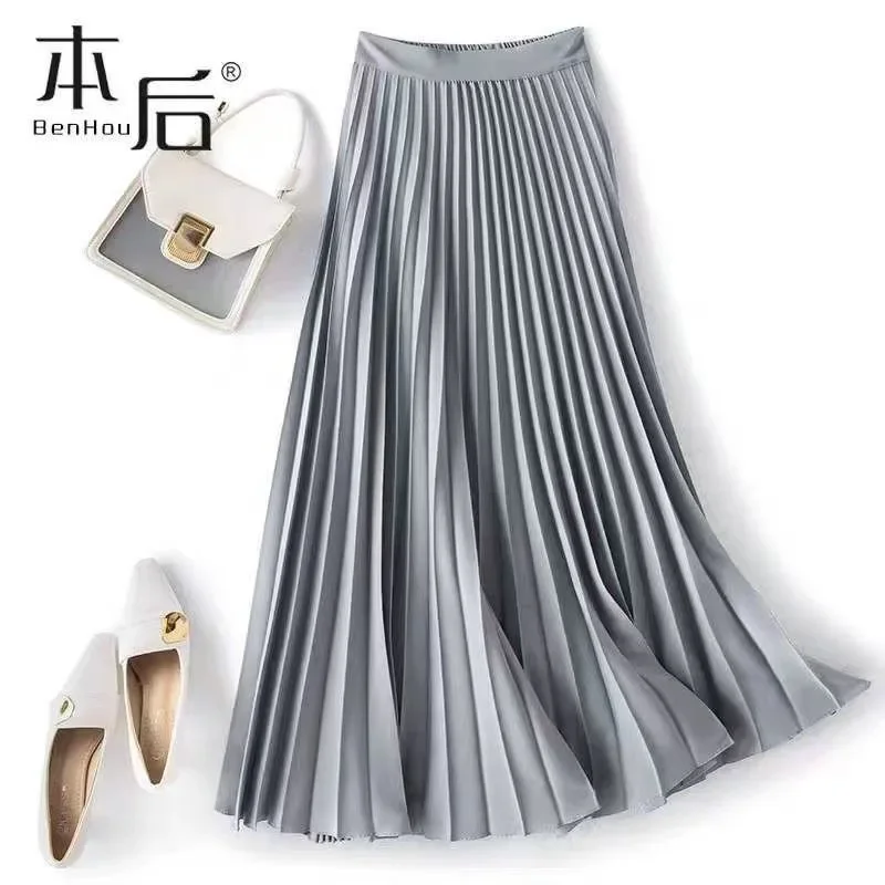 Women Vintage Midi Skirt Wide Elastic Waistband High Waist Pleated A-Line Skirt Summer Solid Color Smooth Satin Long Skirts