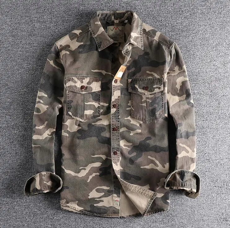 Men\'s Double Pocket Camo Shirt Men Camouflage Cargo Shirts High Quality Outdoor Hiking Sport Youth Out Wear Shirts