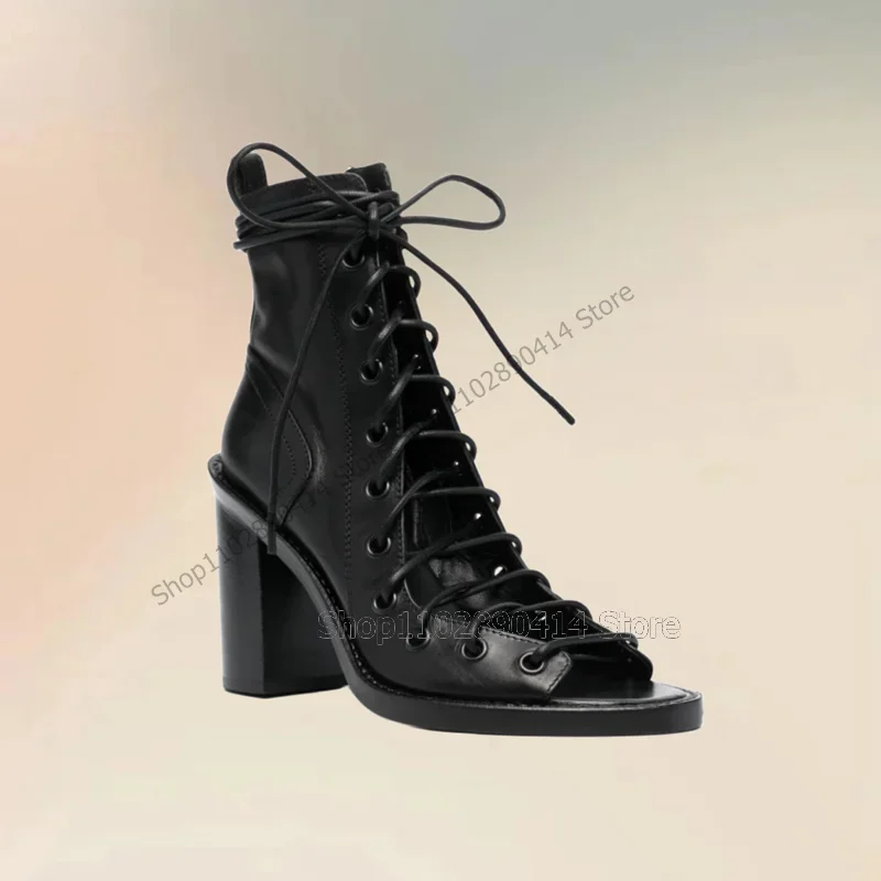 

Black Hollow Design Cross Tied Peep Toe Strappy Boots Lace Up Women Shoes Chunky High Heels New Fashion 2023 Zapatos Para Mujere