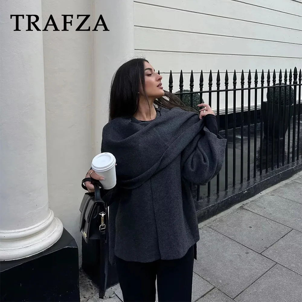 TRAFZA 2023 Autumn Winter Women Casual Knitted Jacket Fashion Solid Streetwear Loose Scarf Collar Demi-season Jacket For Women