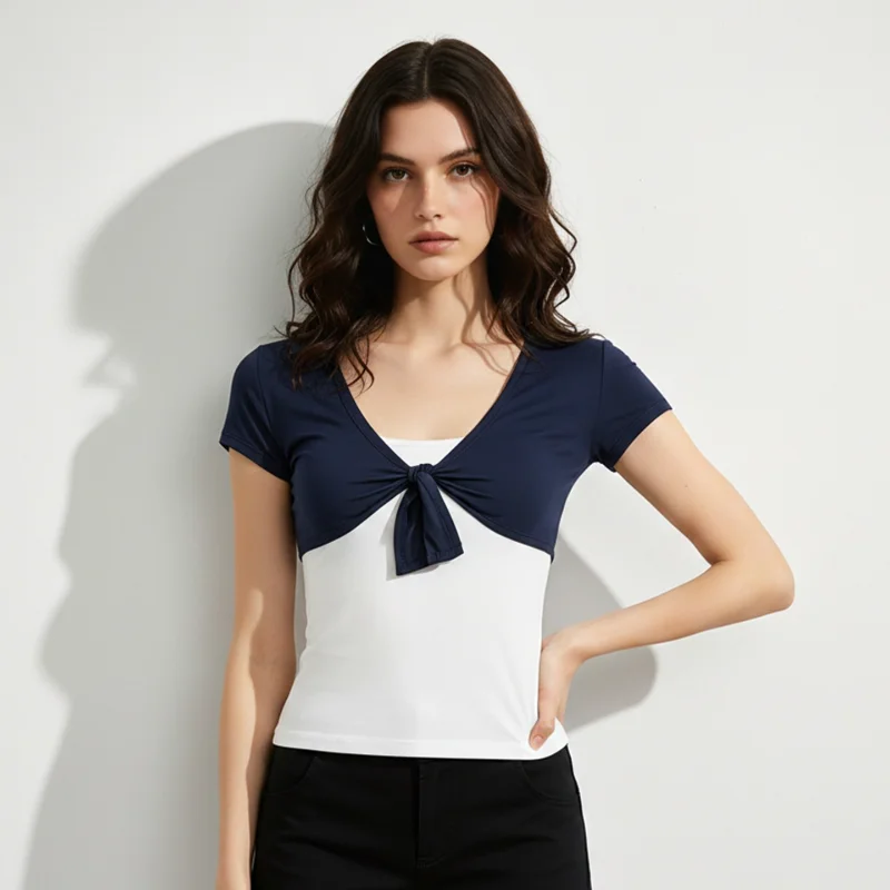 American Hot Girl Color Block Two-Piece Set T-Shirt Women's Short Sleeve Belted Slim Fit Versatile Strap Top And Bottom Ensemble