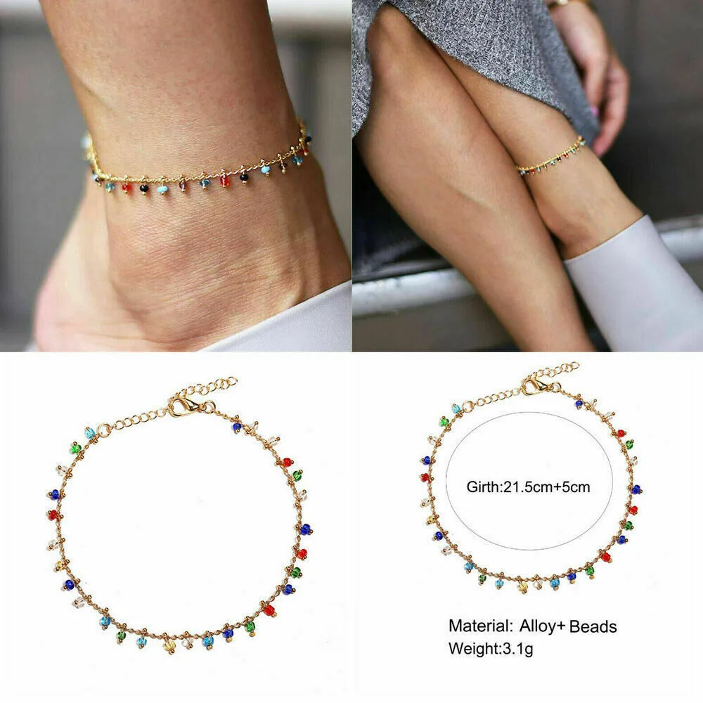 Fashion New Chain Anklet Double Foot Colored Rice Bead Tassel Pendant Foot Ornament for Women Charm Accessories Beach Jewelry