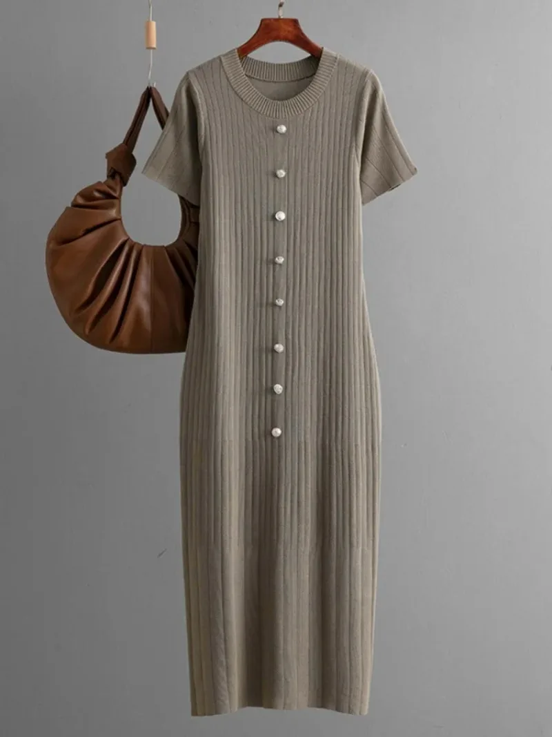 

Модное однобортное трикотажное длинное платье с круглым вырезом, новый стиль, облегающее бедра и утягивающее трикотажное платье.