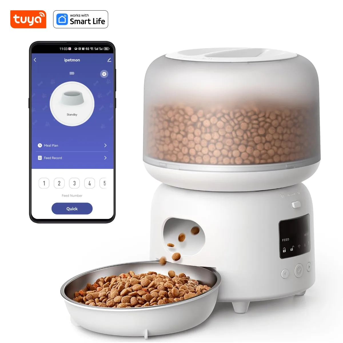 Tuya Smart Pet Feeder, WiFi APP Control, 3L Capacity, Matte Translucent Design, Food-deficit prompt, Up to 10 MealsPer Day-Singl