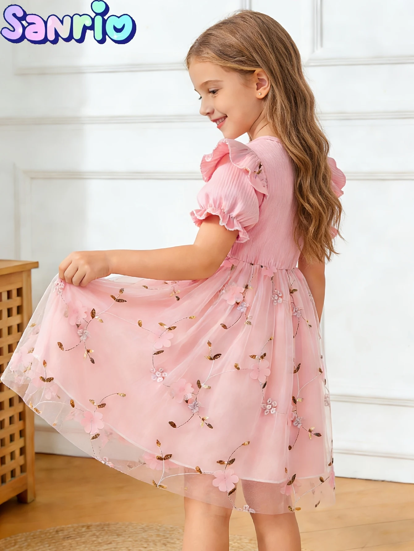 Hello Kitty Princess Kids Outfit European Style Girls Dress, Pink 3D Floral Tulle Princess Dress