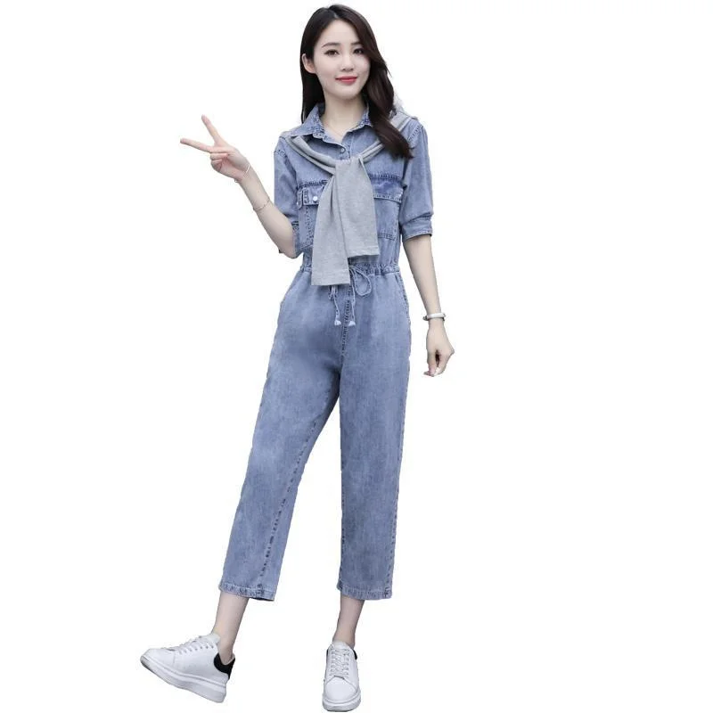 

2023 Spring Autumn Slim Denim Jumpsuit Female Summer Small Person Jumpsuit Women New Korean Casual High Waist One-piece sets