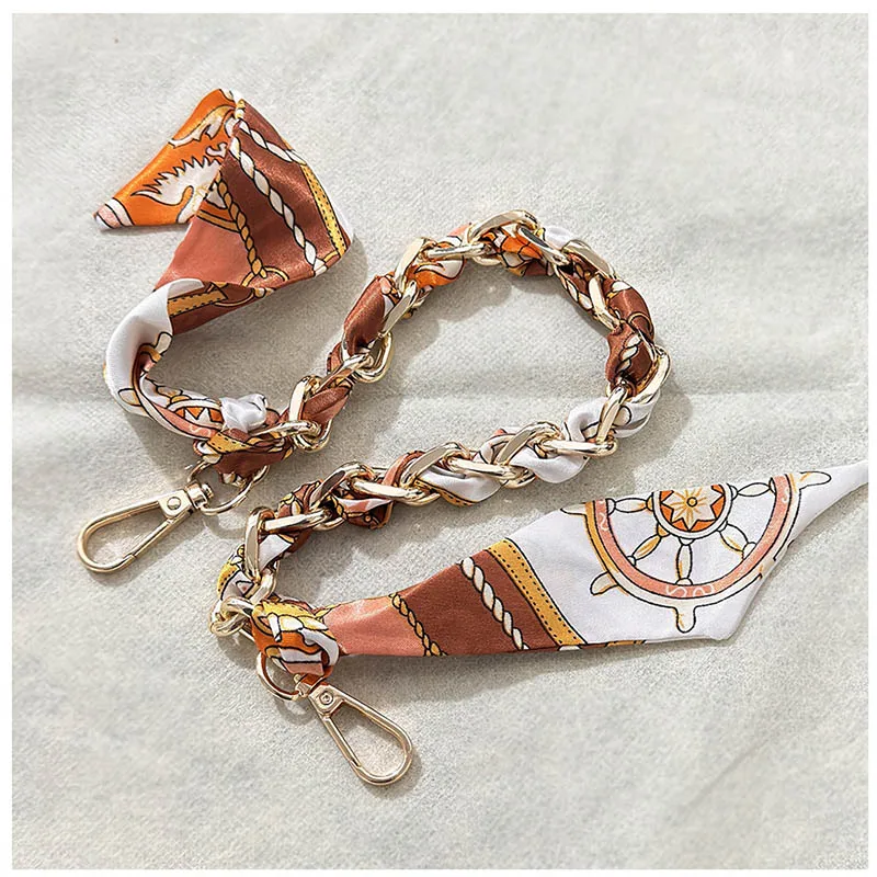 45cm Bag Handle Silk With Metal Chain Women Fashion Handbag Handle Decoration Tie Multi Function Hand Ribbon Purse Bag Straps