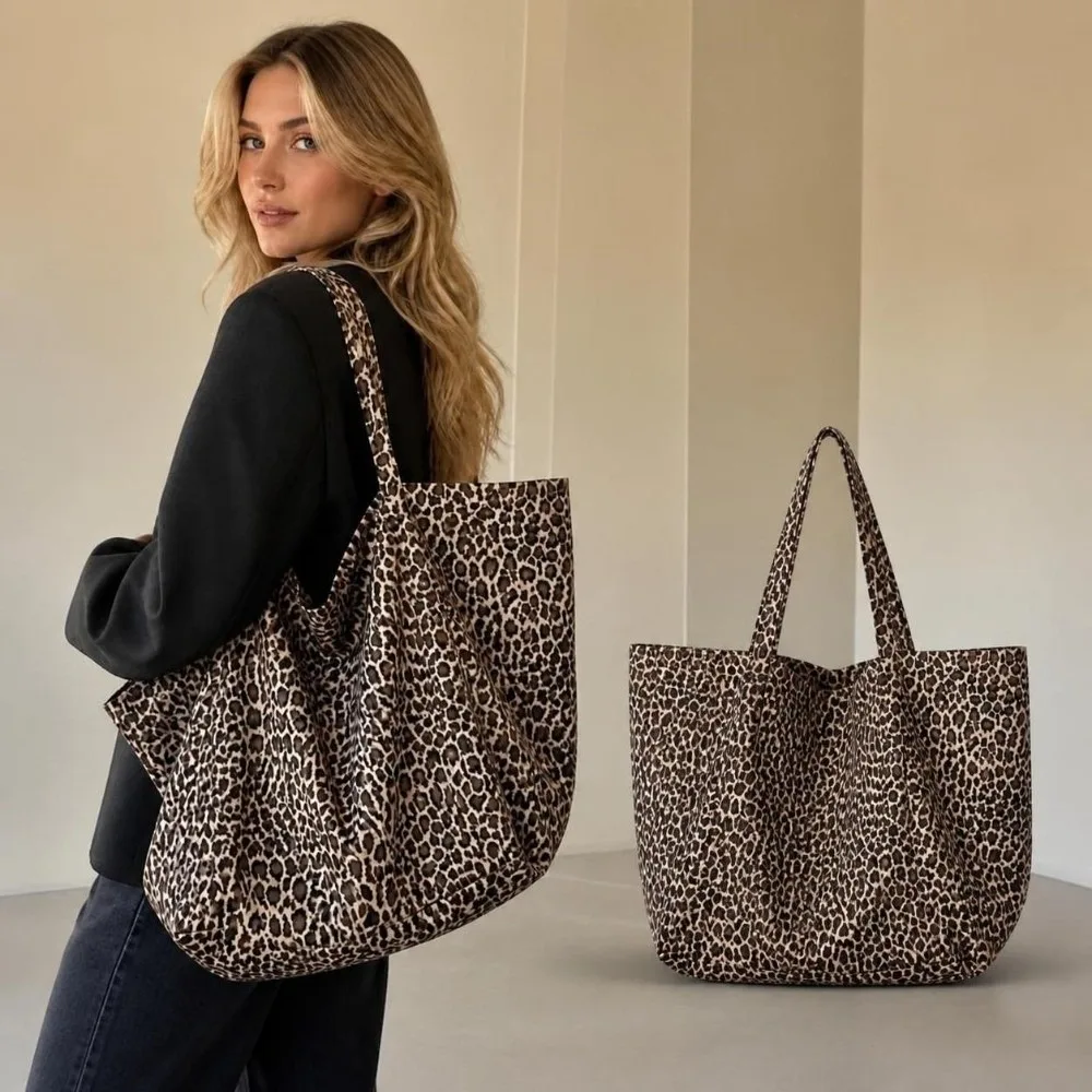 Fashionable Leopard Print Shoulder Bag Large Capacity Canvas Folding Handbag Shopping Handbag Women
