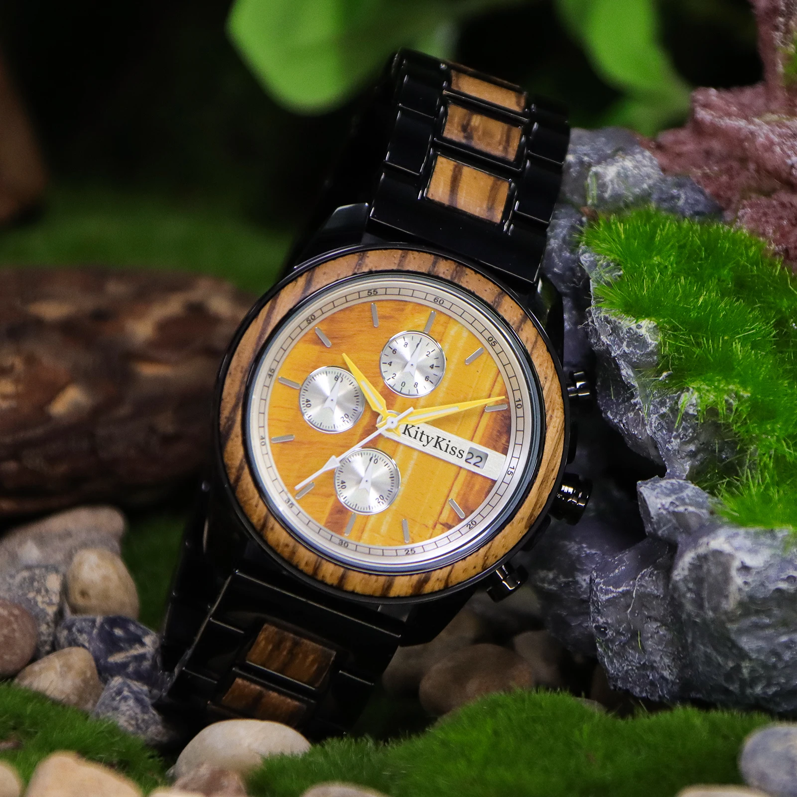 

Kitykiss new multi-function marble dial watch steel wood waterproof watch calendar glow-in-the-dark pointer watch