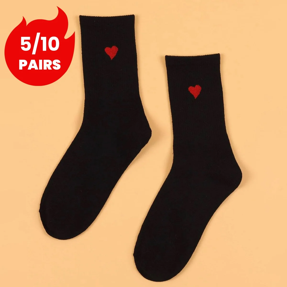 3/5/10 Pairs Women\'s Crew Socks, Red Heart, Black, Comfortable, Breathable, Moisture-Wicking