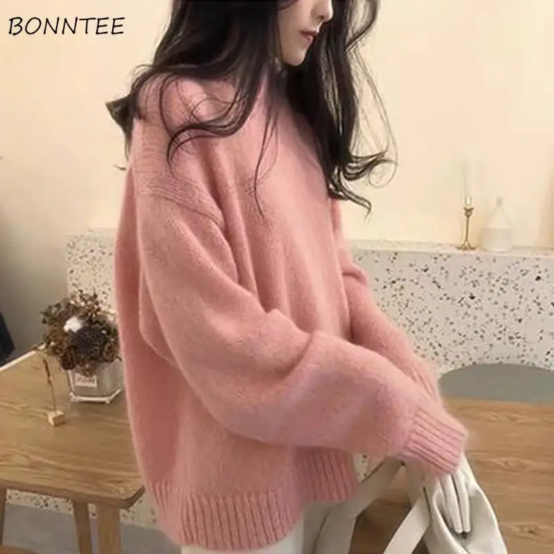 Long Sleeve Pullovers Women Knitted Tops Solid Thickening Students Autumn Winter All-match Loose O-neck Soft Casual Chic Fluffy