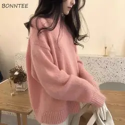 Long Sleeve Pullovers Women Knitted Tops Solid Thickening Students Autumn Winter All-match Loose O-neck Soft Casual Chic Fluffy