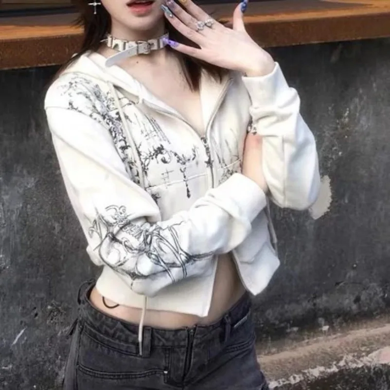 Y2k 美的丈パーカー女性カジュアル印刷ダブルジッパー原宿パンクトレーナーゴシック妖精秋グランジジャケット